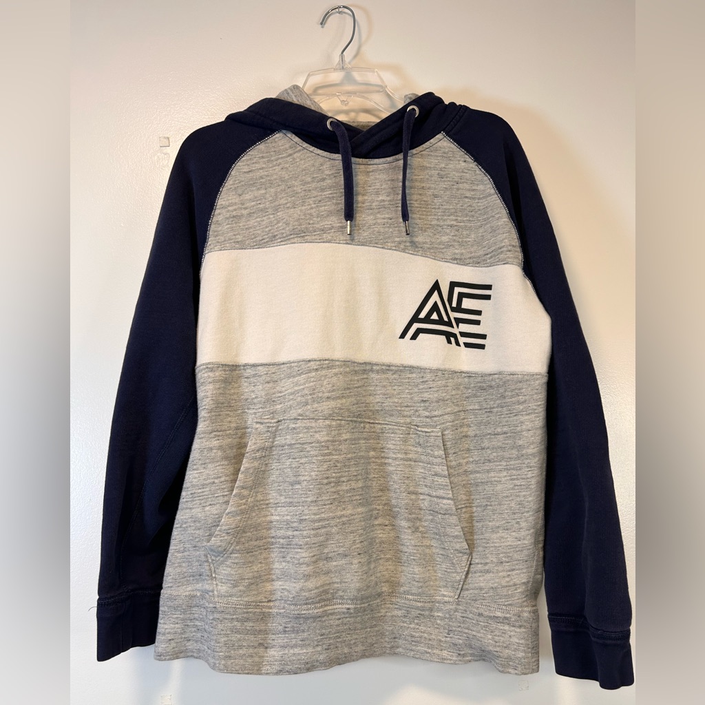 American Eagle Heavy Hooded Sweatshirt Blue Gray & White Women’s Size Medium